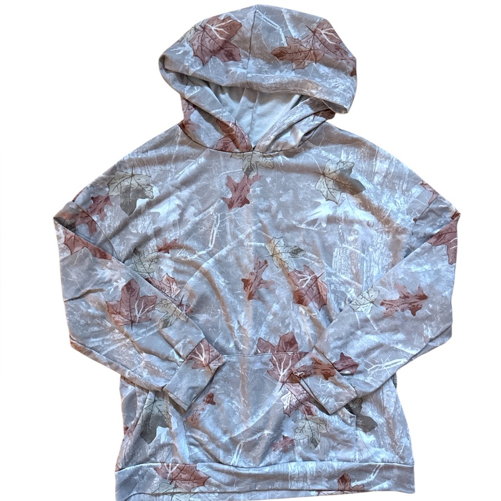 Gray and Brown Leaf Print Hoodie Sweater Size M